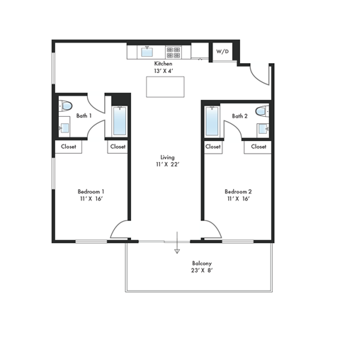 Floor plan for 2 beds, 2 baths, 1137 sqft